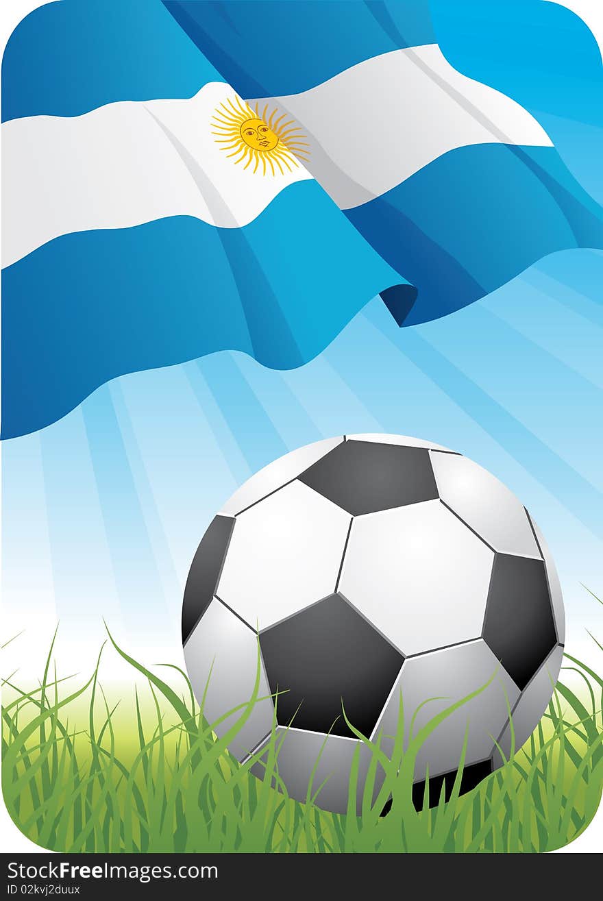 2010 championship Cup theme with a classic ball on the grass and Argentinean flag. 2010 championship Cup theme with a classic ball on the grass and Argentinean flag