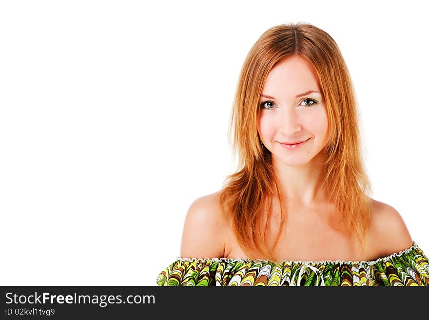 Picture of a beautiful young smile young girl in green dress. Isolated on white. Picture of a beautiful young smile young girl in green dress. Isolated on white