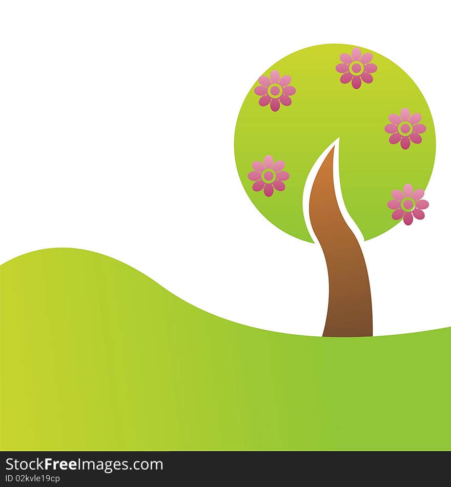 Green background with cute tree. Green background with cute tree