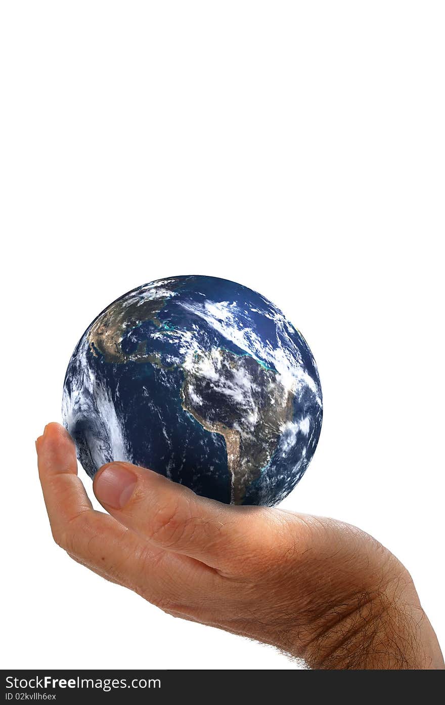 Isolated over white human male  hand earth concept. Isolated over white human male  hand earth concept