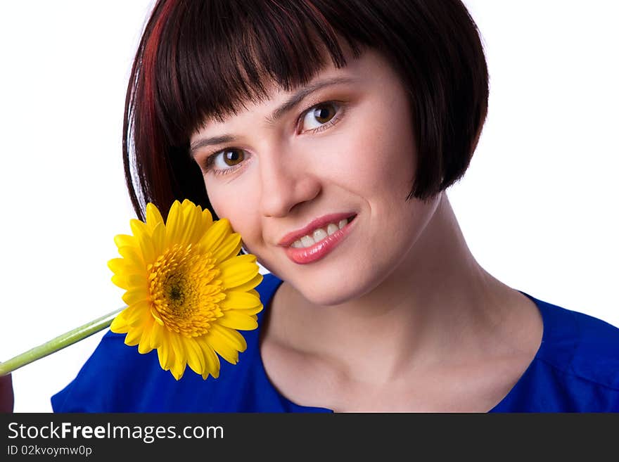 Woman with flower. Picture of happy blond with and yellow flower isolated on white background.