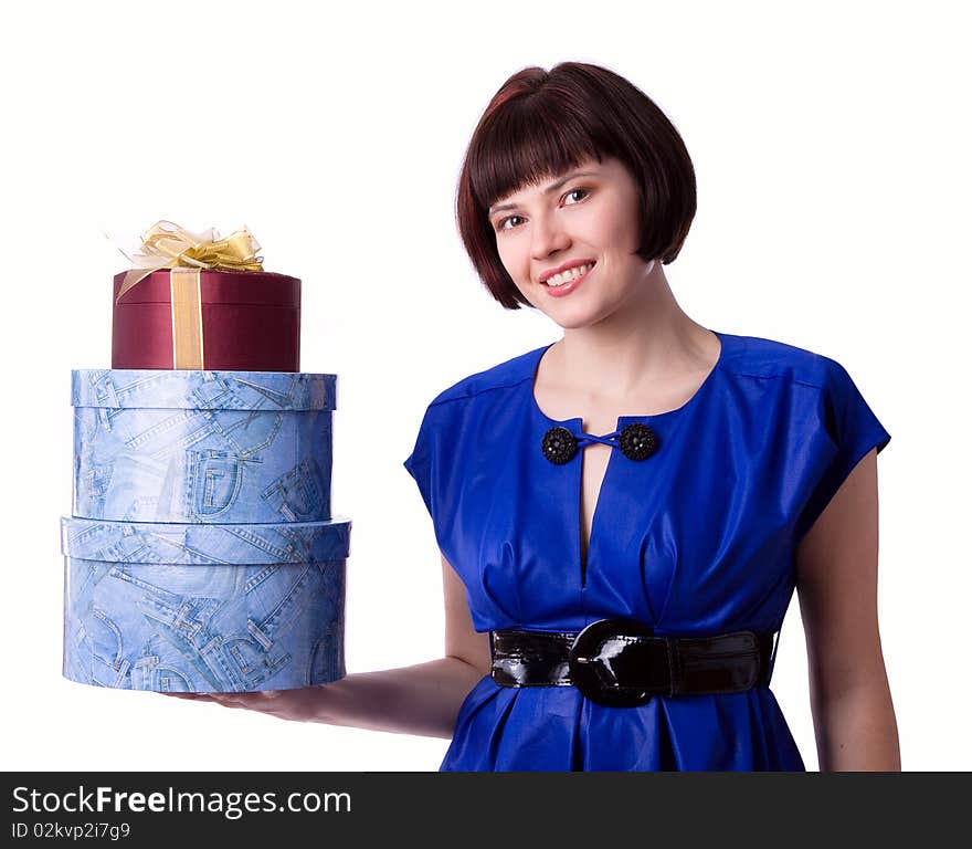 Young woman holding several bags. Excited Shopping Woman isolated on white