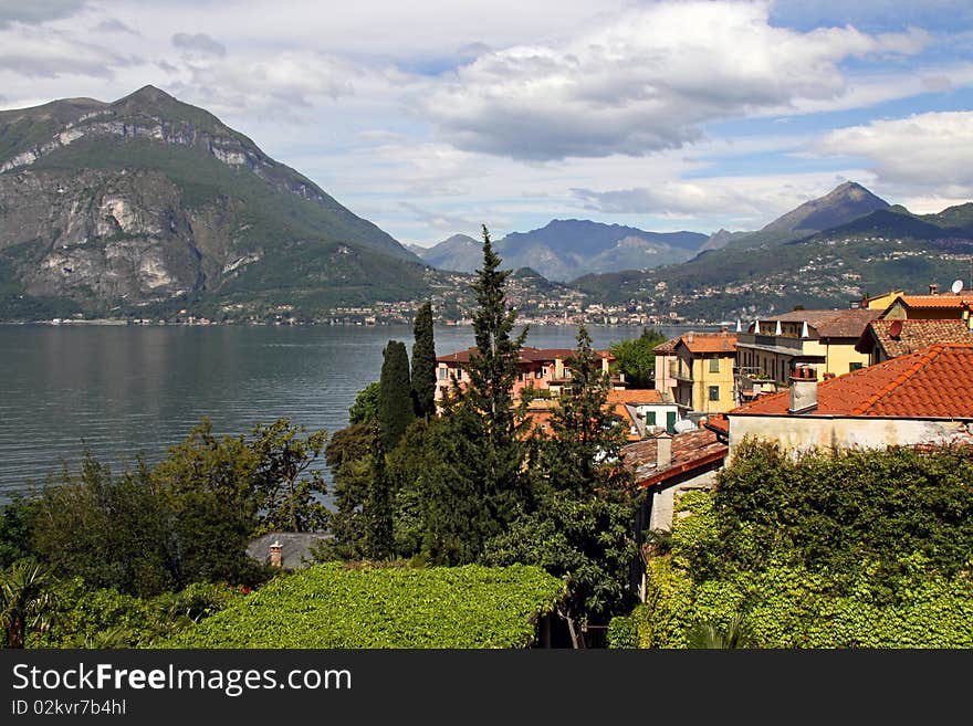 View of houses and mountains at Lake Como in Italy. View of houses and mountains at Lake Como in Italy