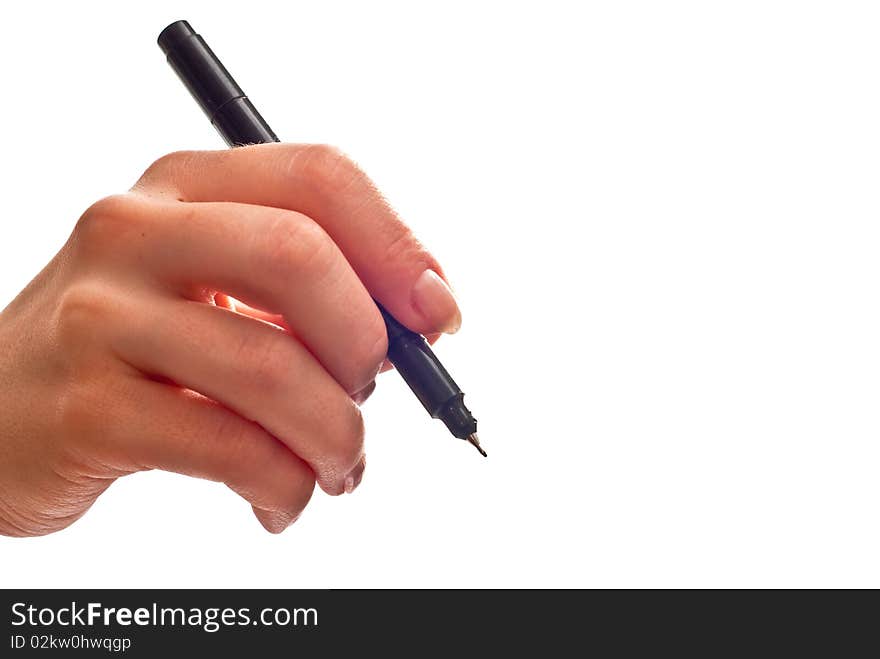 Woman's hand with black pen isolated on white. Woman's hand with black pen isolated on white