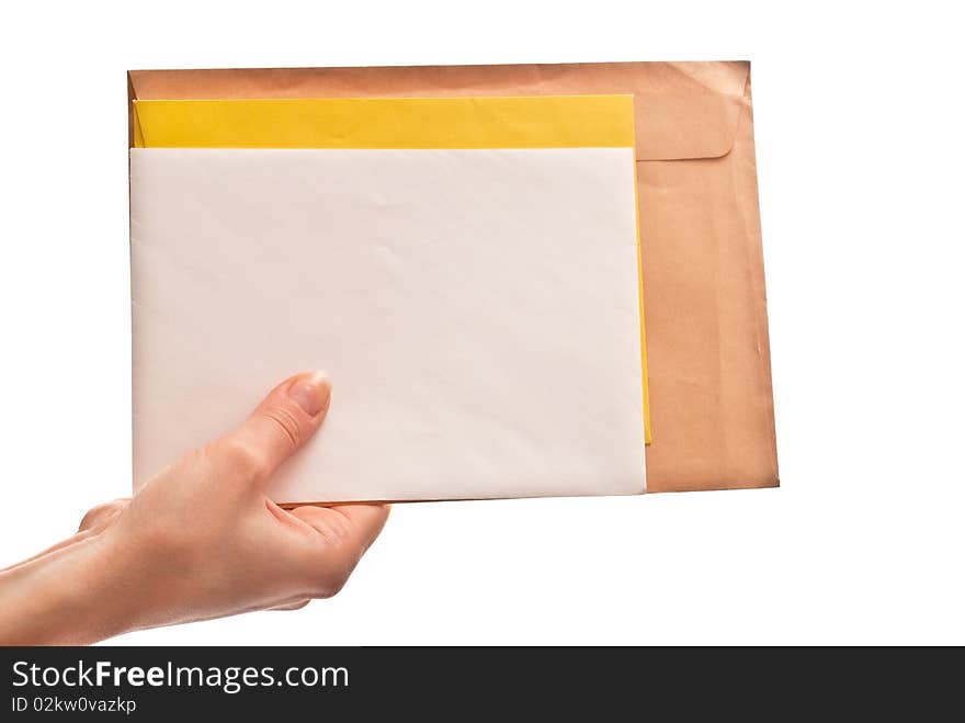 Three envelopes in woman's hands. Isolated on white