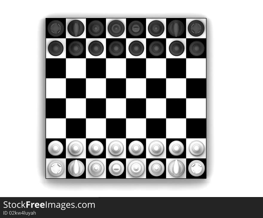 Chess. Chessmen on chessboard isolated on white background. High quality 3d render.