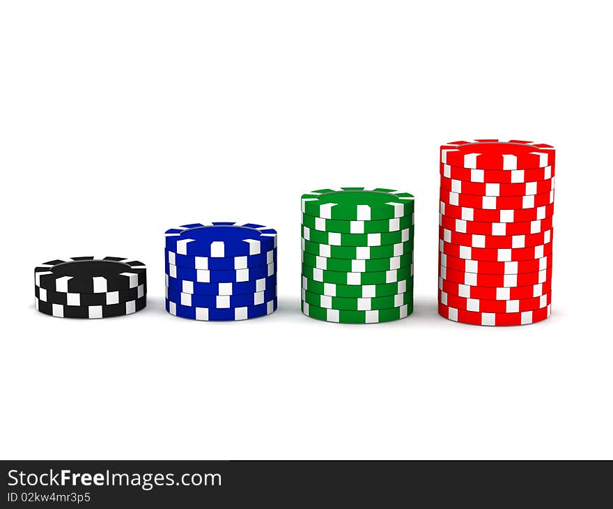 Row of game chips isolated on white background. High quality 3d render.