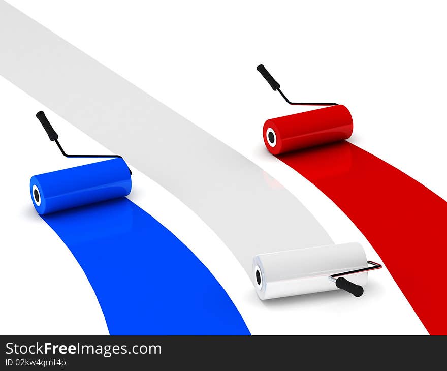 Colors of France. Paint rollers isolated on white background. High quality 3d render.