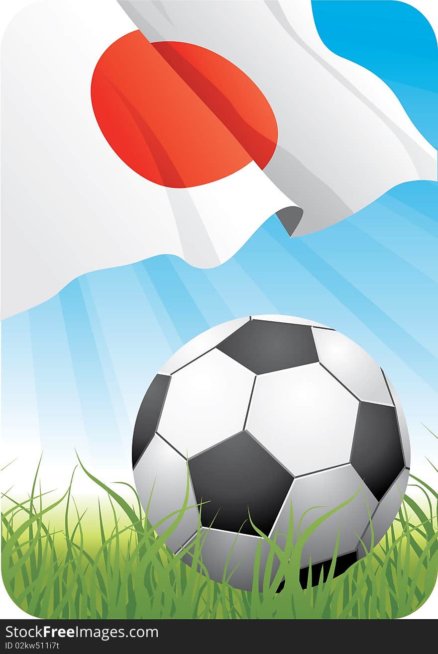 2010 Soccer championship theme with a classic ball on the grass and Japanese flag. 2010 Soccer championship theme with a classic ball on the grass and Japanese flag