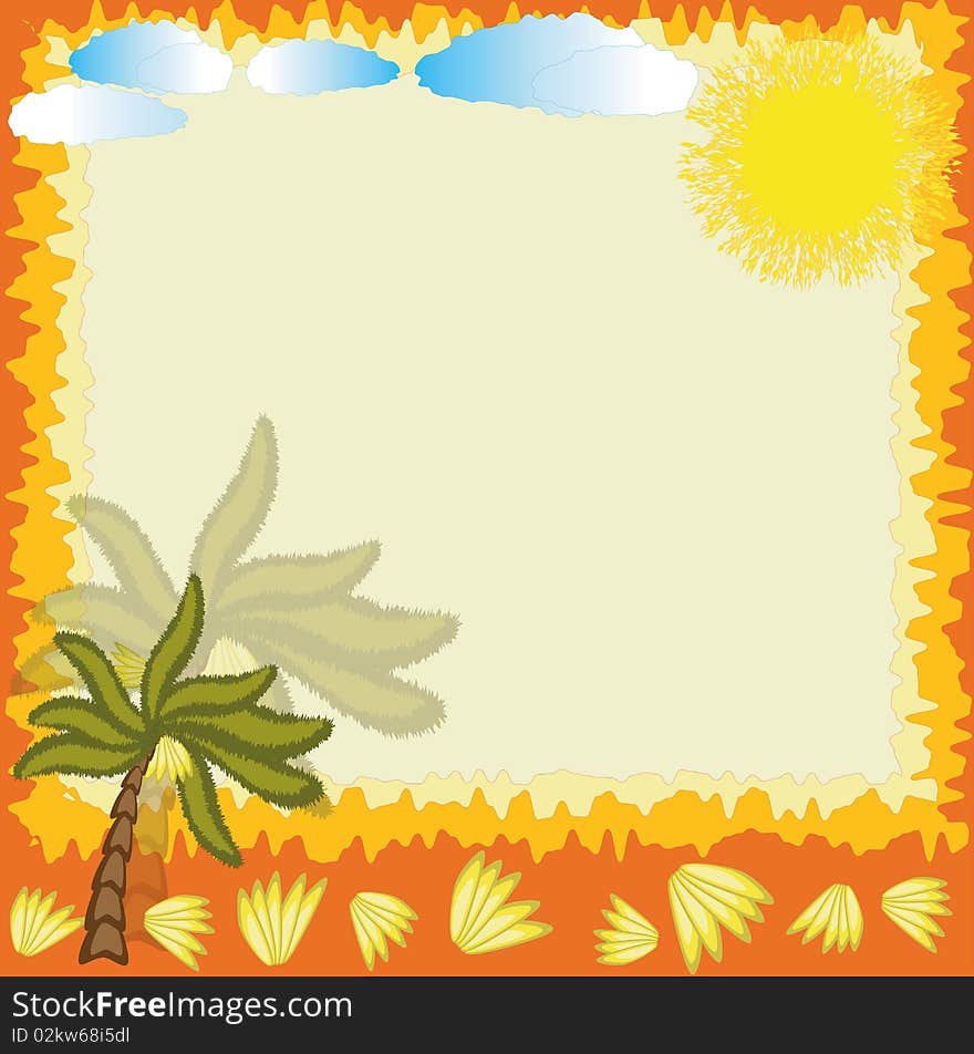 Summer frame with palm,bananas,sun and clouds.