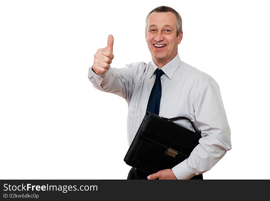 Senior man showing ok sign isolated on white background