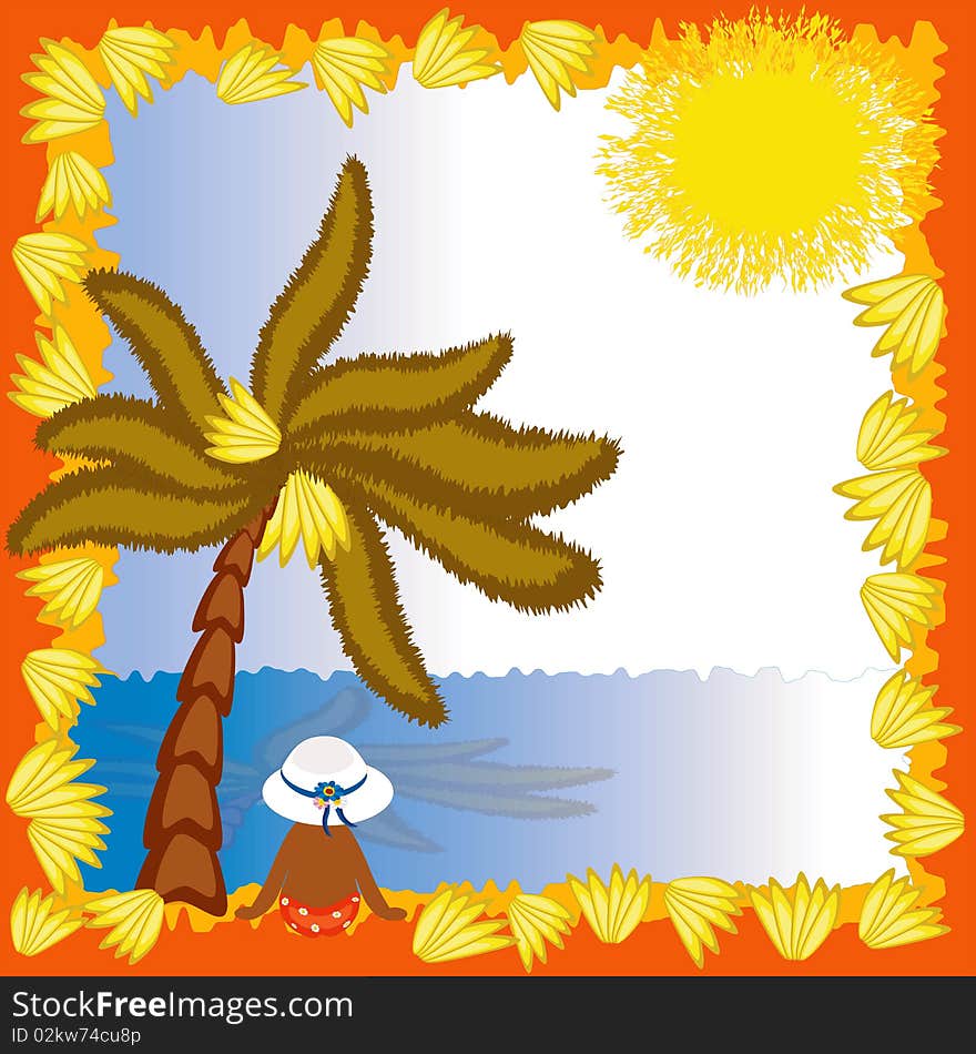 Summer frame with palm,girl,bananas,sea and sun