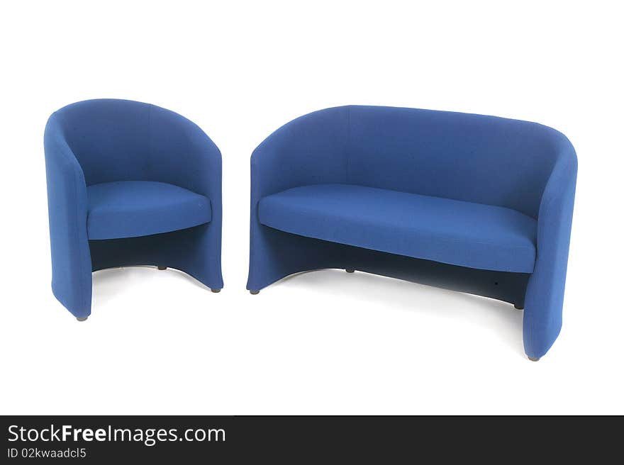 Blue sofa and chair, This image was photographed in my studio on a white background, there is a single blue chair and a two seat sofa, It could be used as an office or home furniture