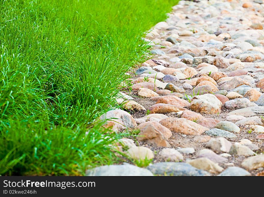 Stone roadway and lawn with a green grass