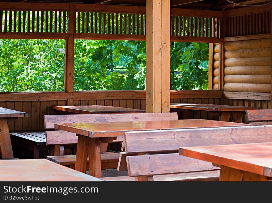 Wooden interior of street cafe