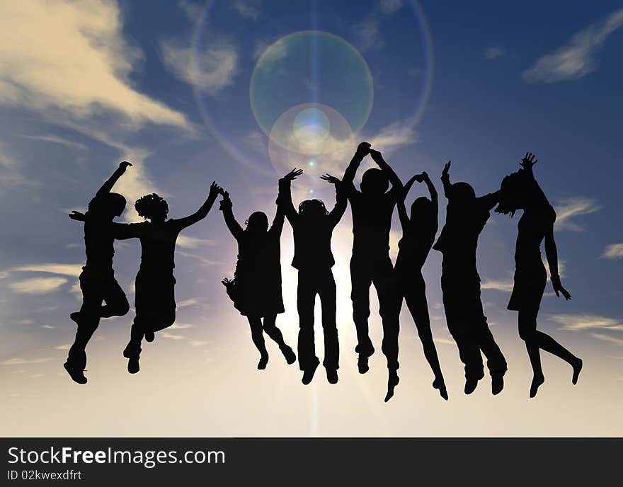 Silhouette of a group of young people jumping with sky background