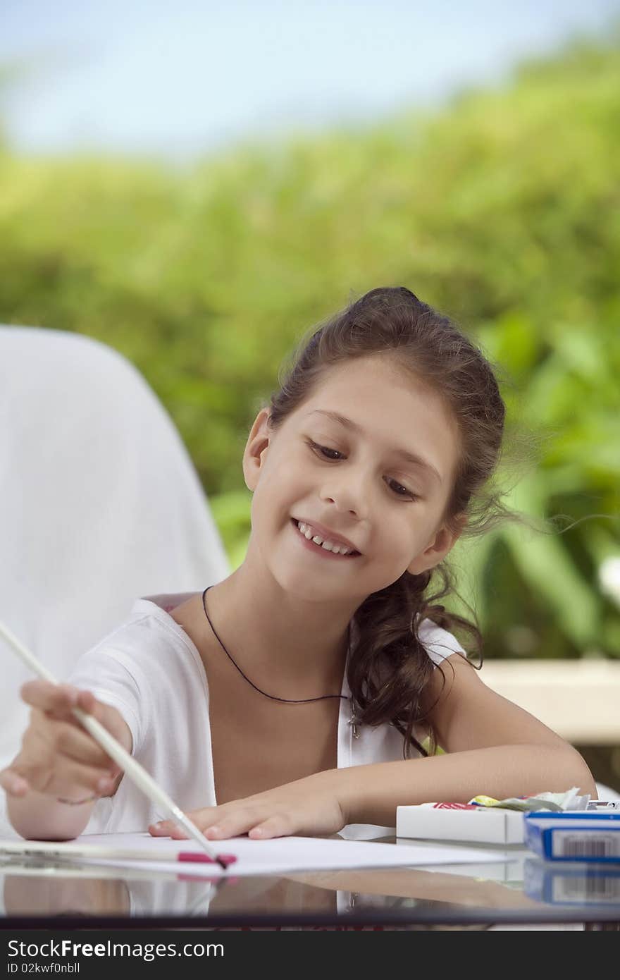 Portrait of nice little girl getting busy  in summer environment. Portrait of nice little girl getting busy  in summer environment