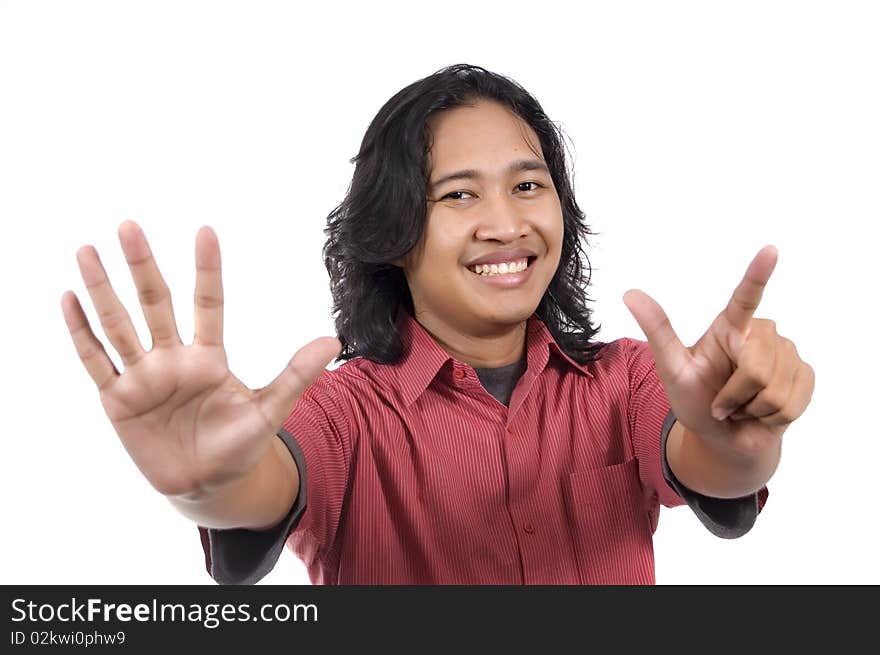 Long hair man give number seven by hand gesture isolated on white background