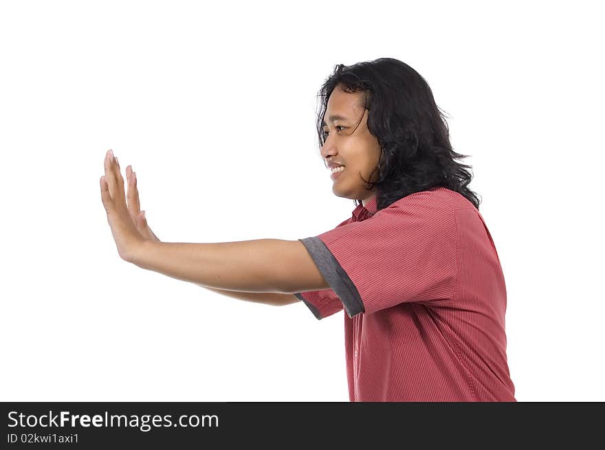 Man Pushing Something isolated on white background. Man Pushing Something isolated on white background