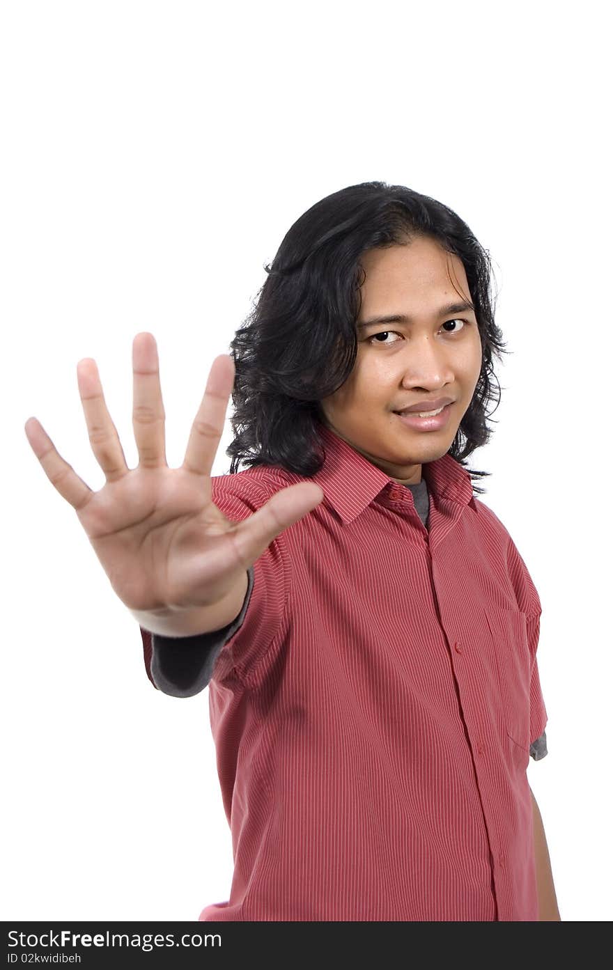 Long hair man give number five by hand gesture isolated on white background