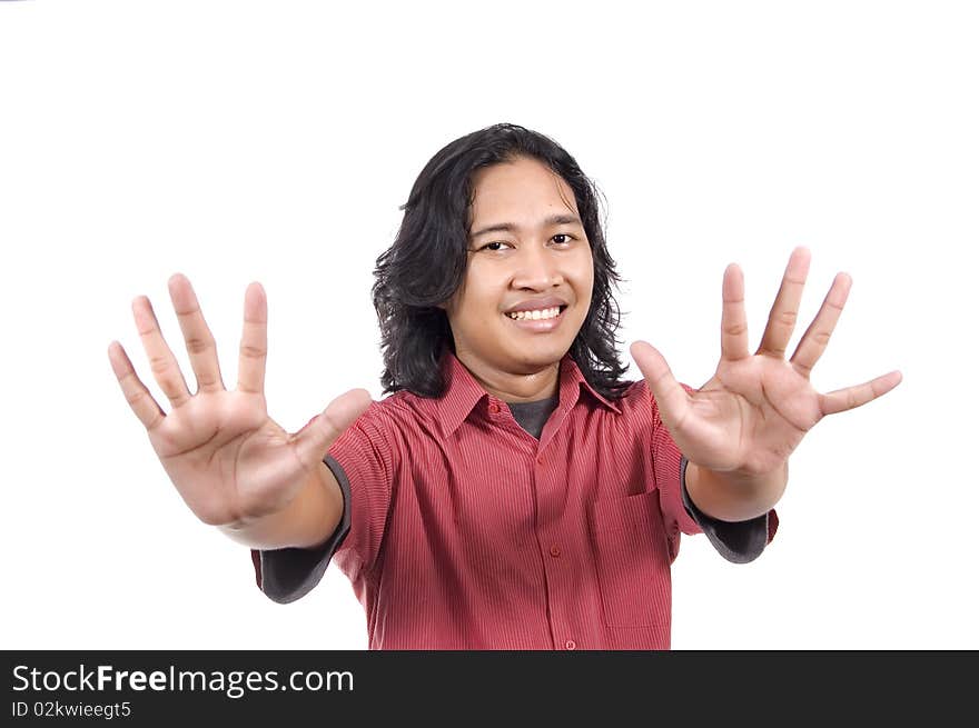 Long hair man give number ten by hand gesture isolated on white background