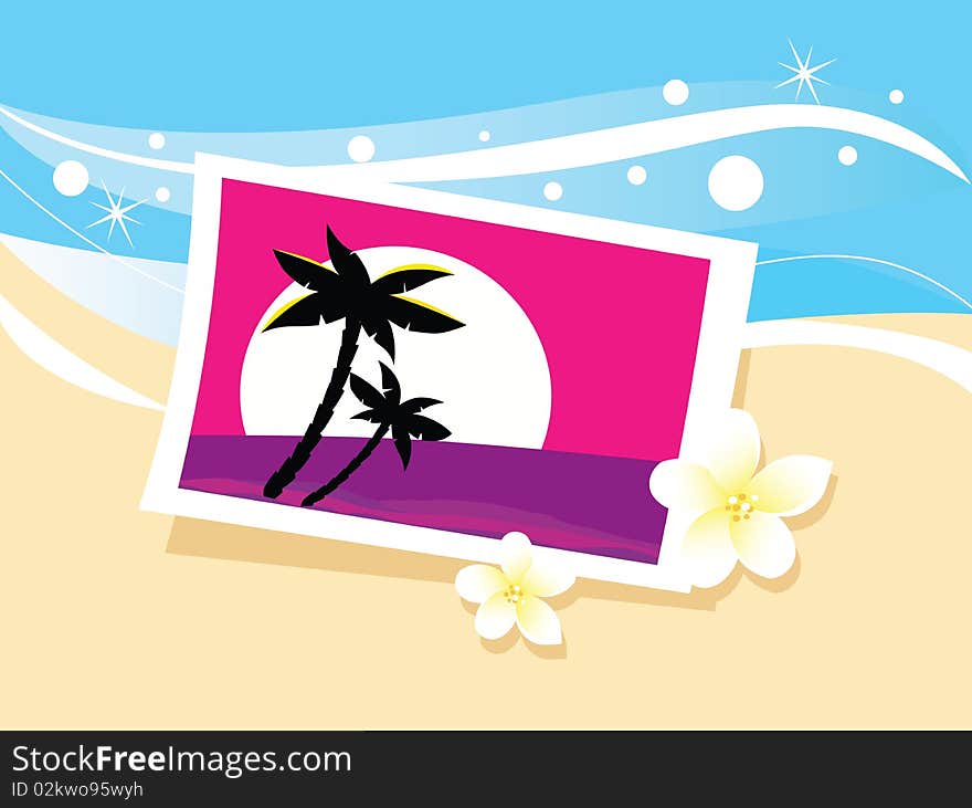 Photo with tropical palms and flowers in beach sand. Vector Illustration. Photo with tropical palms and flowers in beach sand. Vector Illustration.