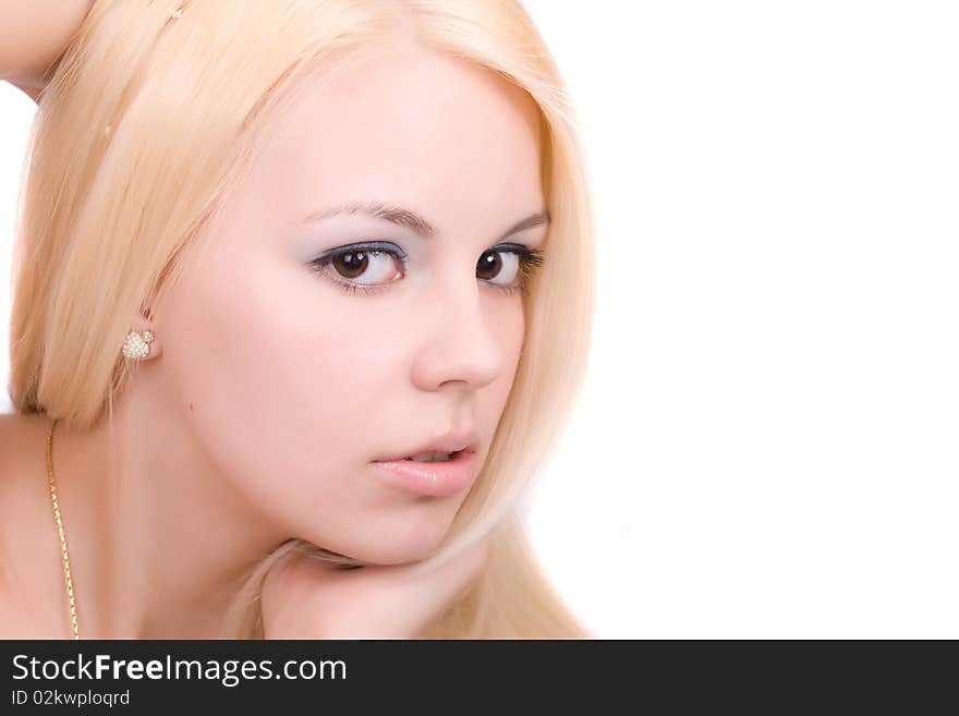 Young beauty blonde woman, makeup. Isolated on the white