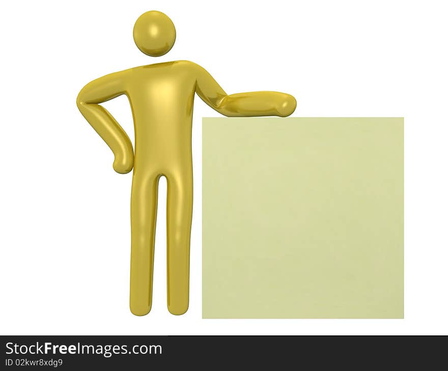 3D render of a golden man showing something on a blank board. 3D render of a golden man showing something on a blank board.