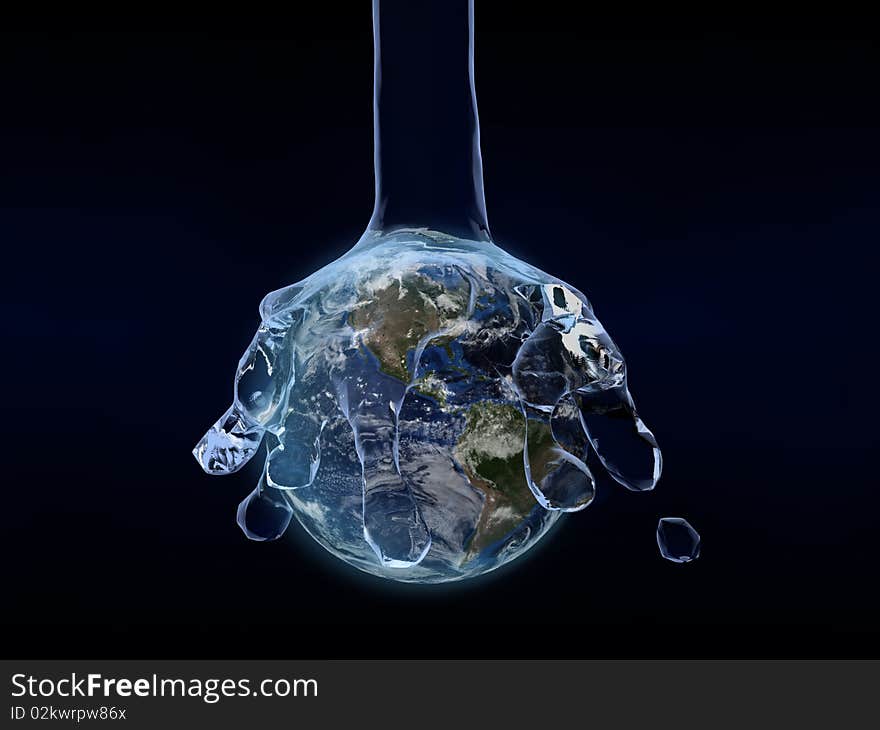 A 3D illustration with a huge amount of water falling on the Earth. Environmental metaphor. A 3D illustration with a huge amount of water falling on the Earth. Environmental metaphor.