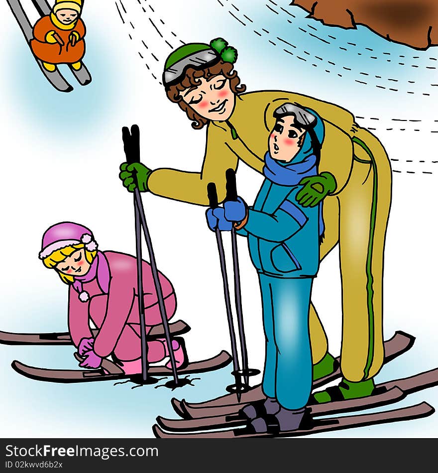 Illustration depicts a father who tries to help his son to ski. Illustration depicts a father who tries to help his son to ski.