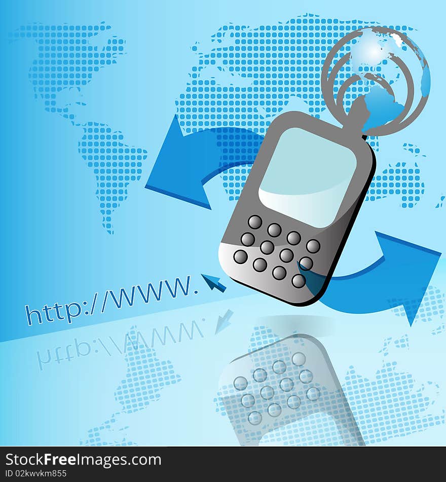 Illustration, cellular telephone and arrows on white background