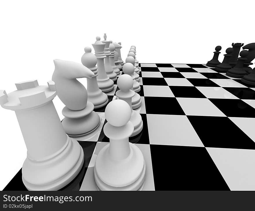 Chess. Chessmen on chessboard isolated on white background. High quality 3d render.