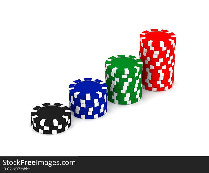 Row of game chips isolated on white background. High quality 3d render.