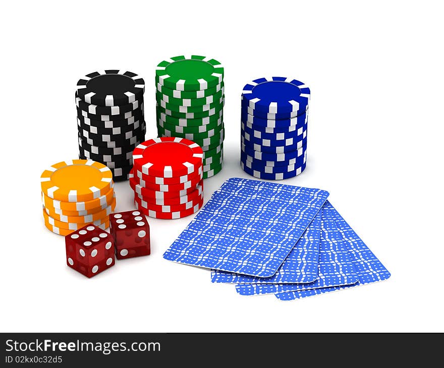 Gambling. Chips, cards and dices isolated on white background. High quality 3d render.