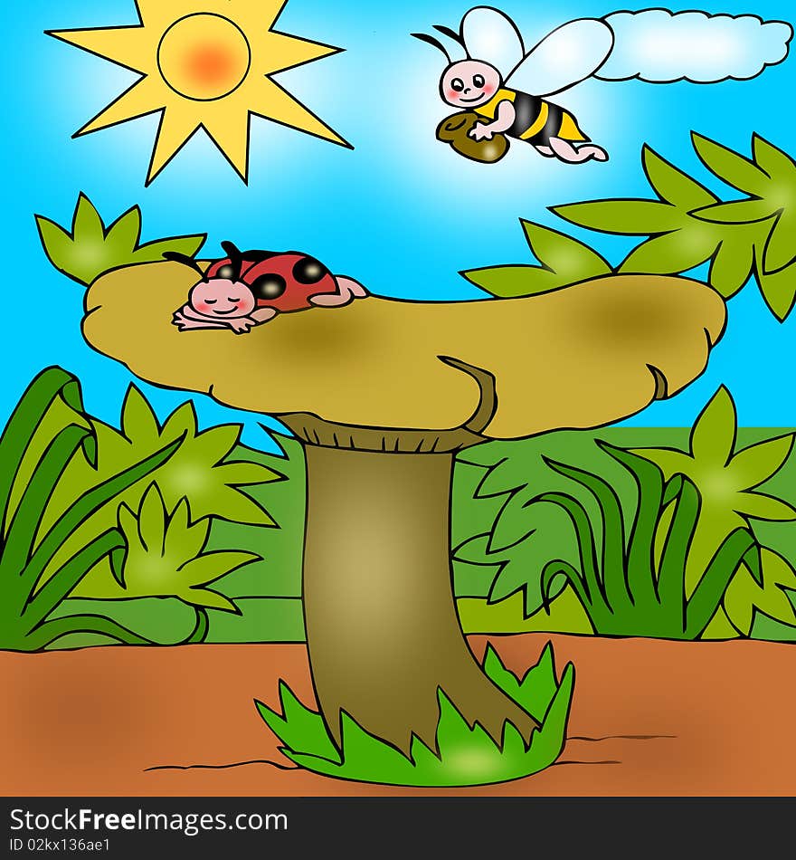 Illustration depicting a mushroom above where he sleeps and there is also a ladybug a bee that has gathered inside a jar of honey, can be used in picture books for children. Illustration depicting a mushroom above where he sleeps and there is also a ladybug a bee that has gathered inside a jar of honey, can be used in picture books for children.