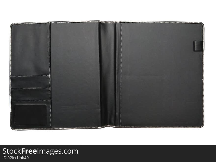 The opened black leathern binding