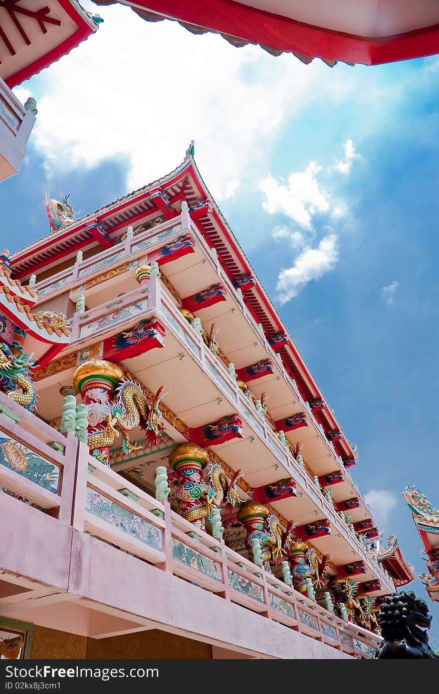 Landscape Chinese Temple with ant eye view at Chonburi Thailand