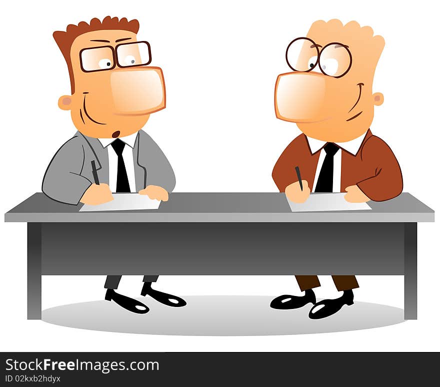 Illustration of two businessmen sitting at the table and signing contract, isolated on white background. Illustration of two businessmen sitting at the table and signing contract, isolated on white background.