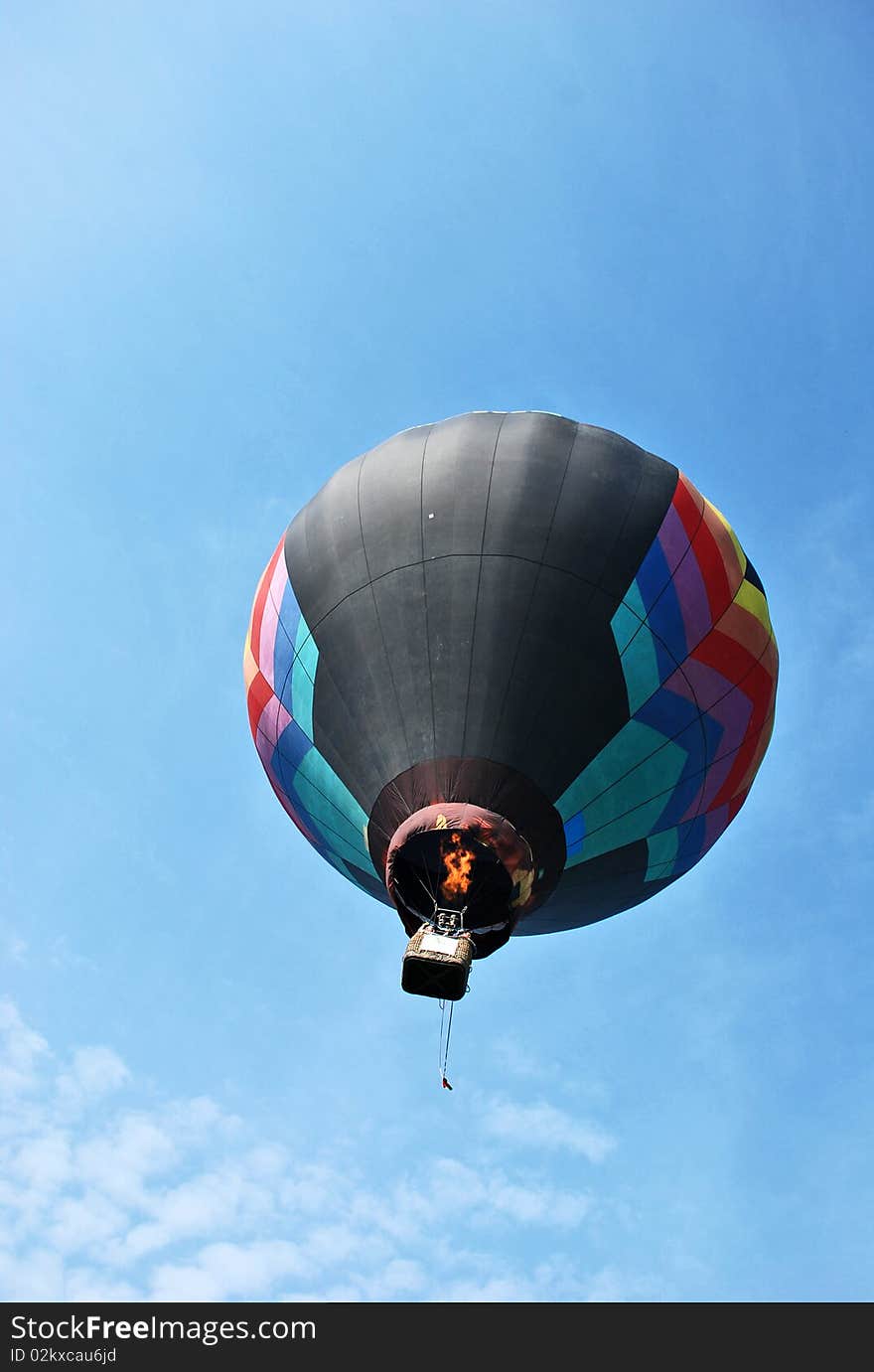 Hot air balloon with flames on the sky