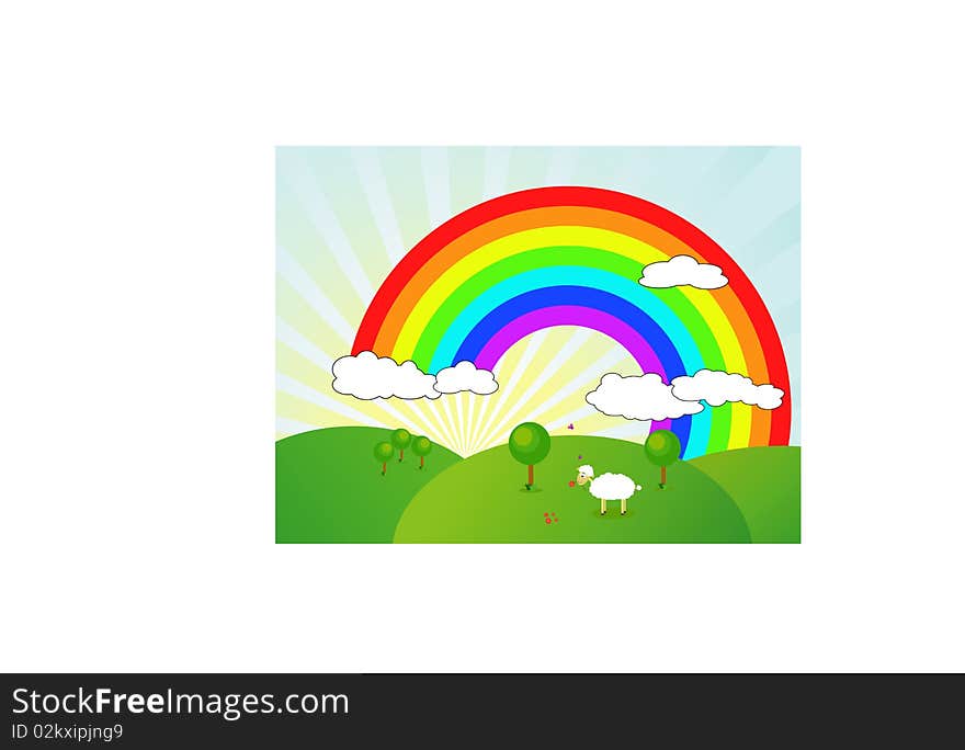 Rainbow and sheep on hills. Vector illustration