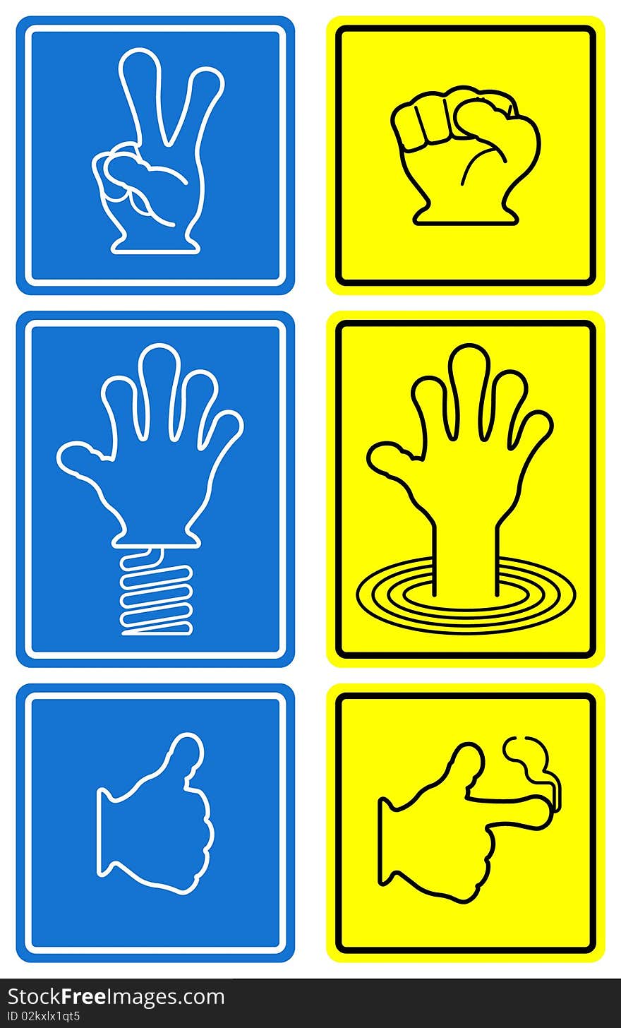 Six diferent blue and yellow vector hands signs. Six diferent blue and yellow vector hands signs