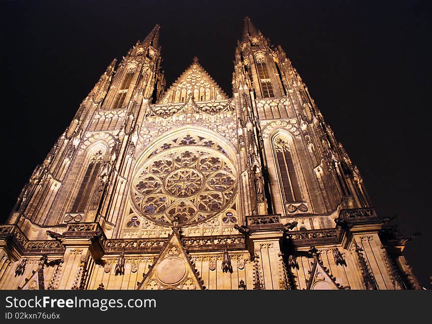 View of the Cathedral St.Vitus by night in old town in Prague. Czech republic.