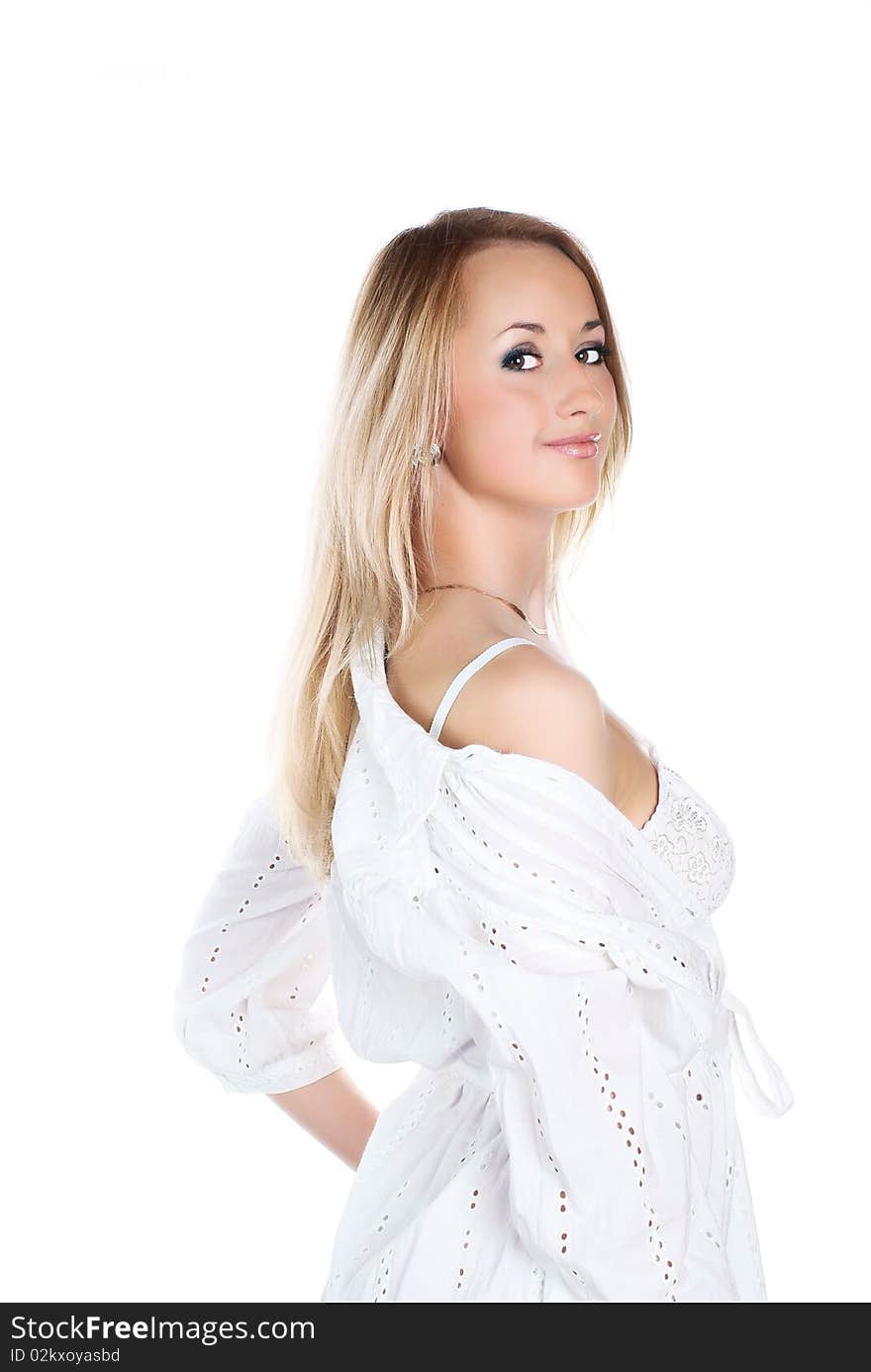 Young woman in white clothes. Studio shot. White background. Young woman in white clothes. Studio shot. White background.