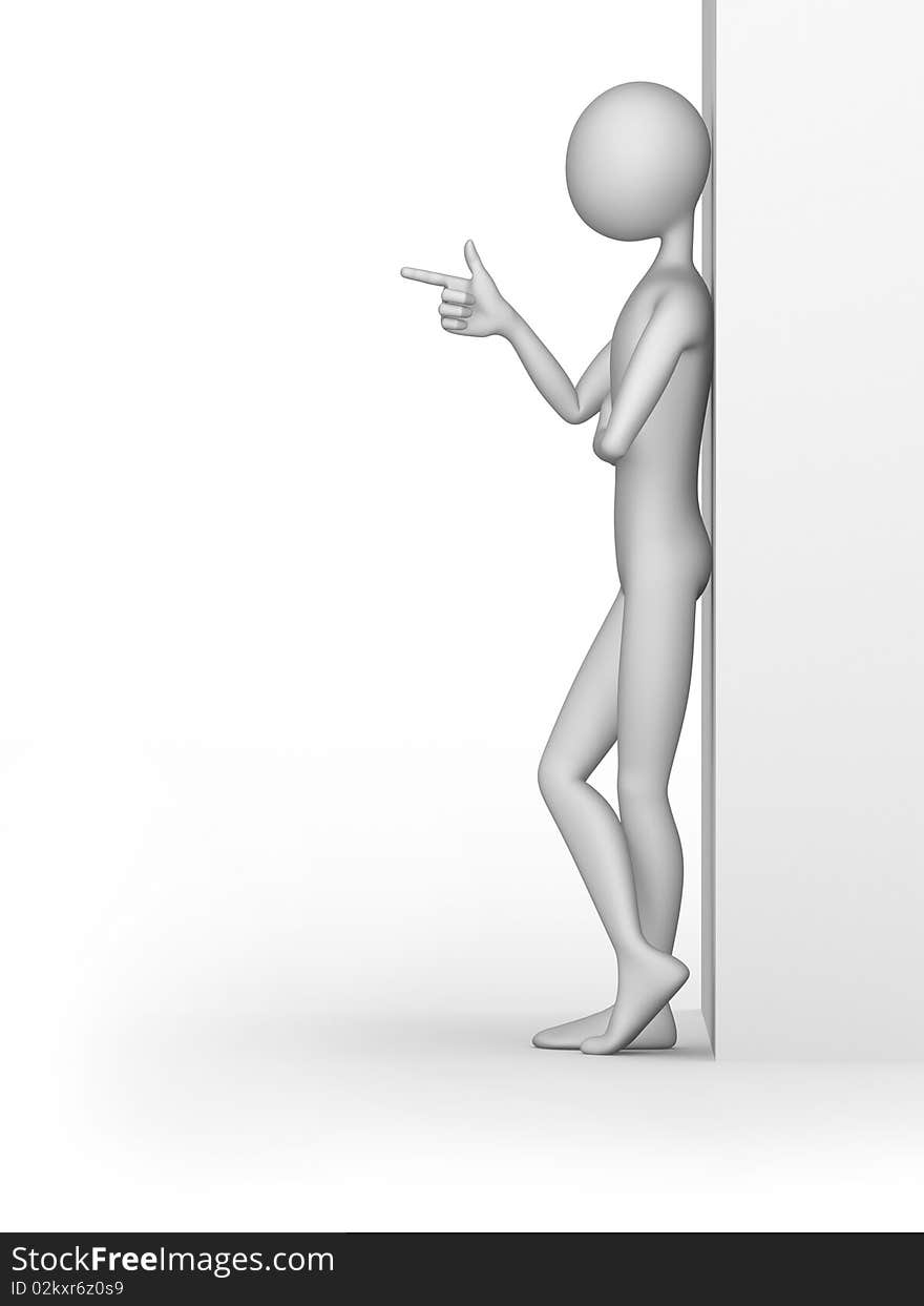 3d human stands against the wall with his index finger. 3d human stands against the wall with his index finger