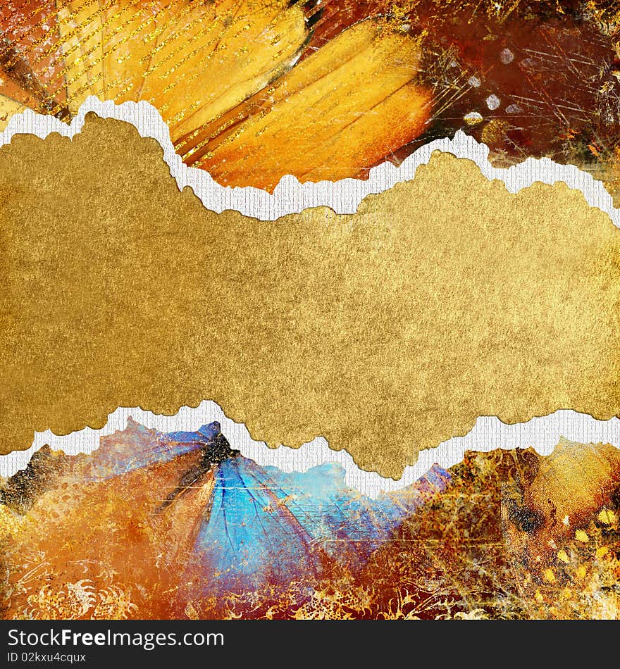 Abstract background in golden colors with butterflies and place for text. Abstract background in golden colors with butterflies and place for text