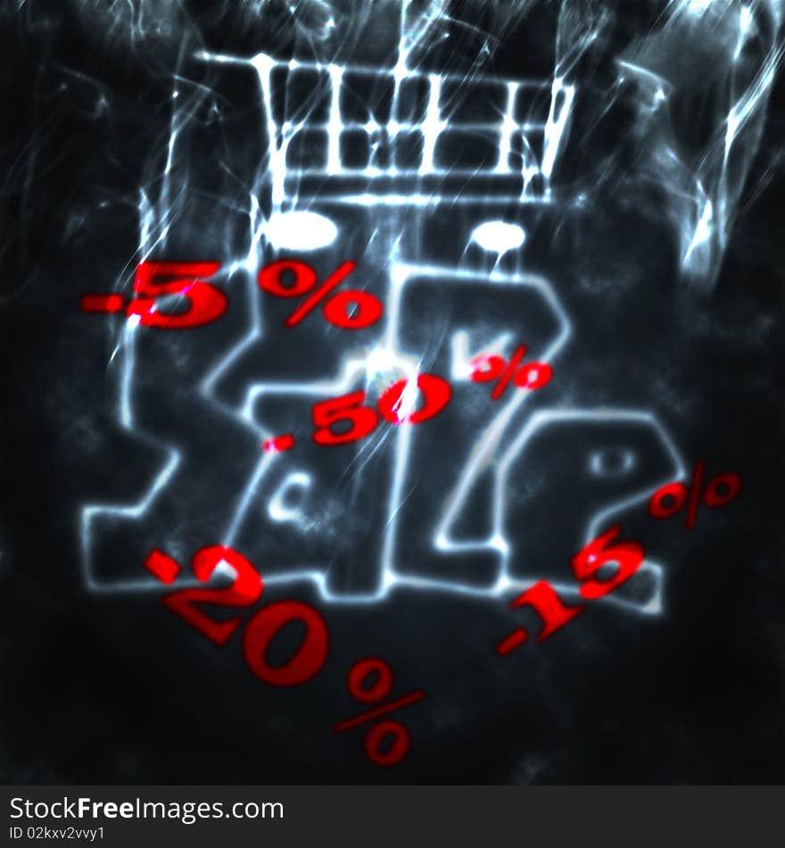 Illustration of shopping cart and word sale in the smoke. Illustration of shopping cart and word sale in the smoke