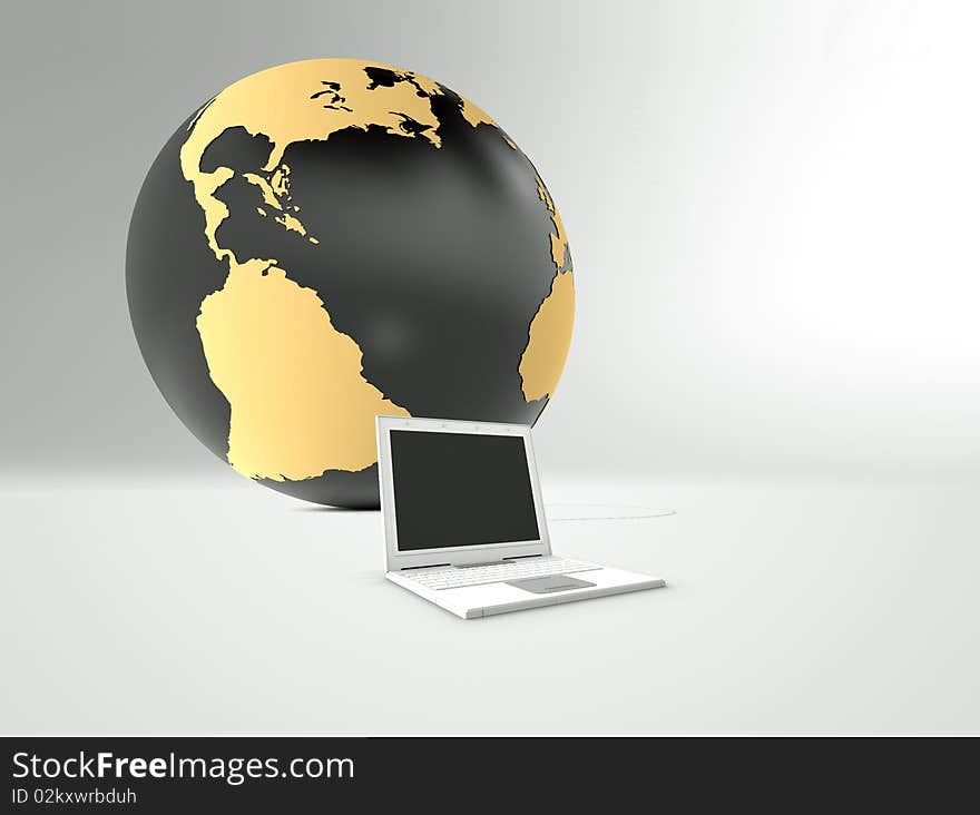 3d earth and laptop computer on white background