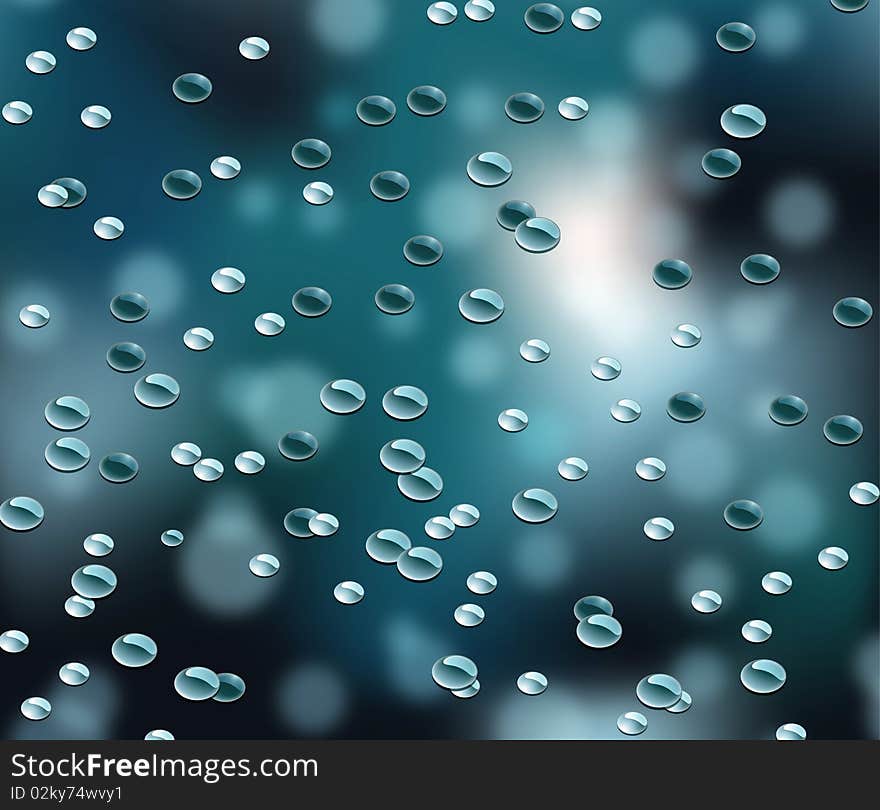 Drops of water over the glass with a blue background