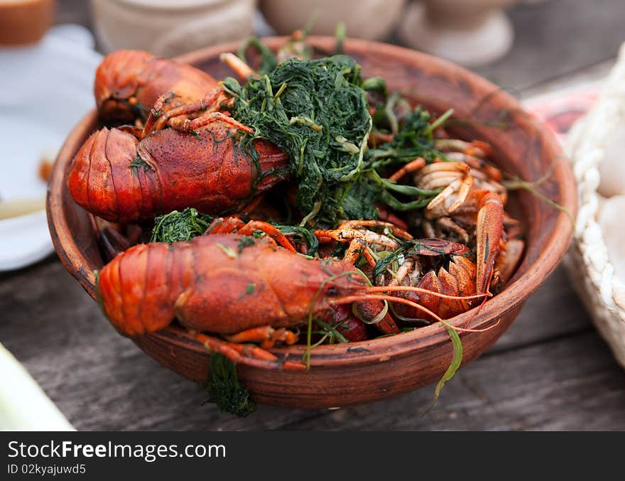 Bowl of boiled crawfish