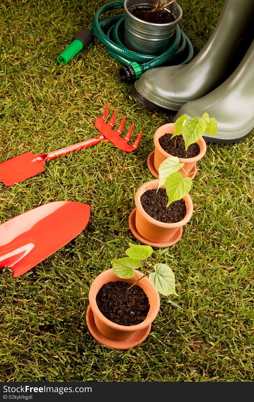 Gardening concept on grass